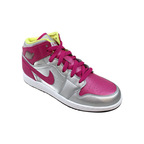 Nike Air Jordan 1 Mid Metallic Silver/Fusion Pink-Electric Yellow  555112-037 Grade-School